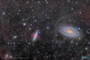 Galaxias M81 (de Bode) y M82 (Cigarro), tomadas en Guijo de Santa Bárbara (Cáceres) Ha 42 x 180s L 98 x 120s R, G, B 20 x 180 s con cada filtro Tiempo de integración total: 8,4h Refractor Airy Apo 104T con aplanador, Cámara ASI294MM Pro a -10º, Ganancia 120, Offset 8