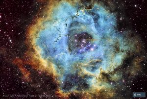 Nebulosa Roseta NGC 2237 Ha, OIII, SII 10 x 180s con cada filtro Tomada en Guijo de Santa Bárbara (Cáceres) Refractor Airy Apo 104T con aplanador, Cámara ASI294MM Pro a -10º, Ganancia 120, Offset 8